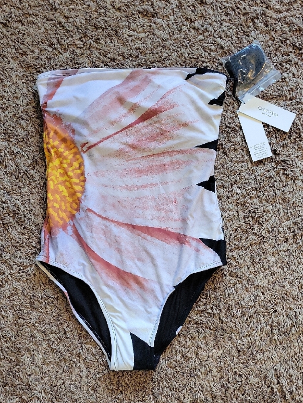 Calvin Klein White Daisy Print One-Piece Swimsuit with Removable Black Straps